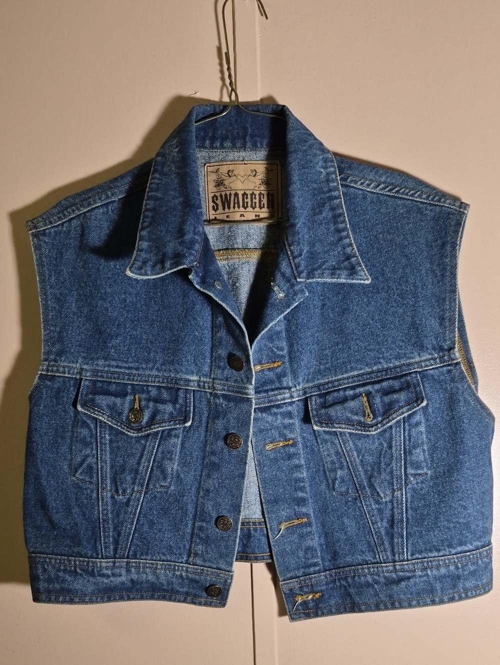 Vintage Swagger Jeans Distressed Denim Trucker Vest Blue Medium Wash